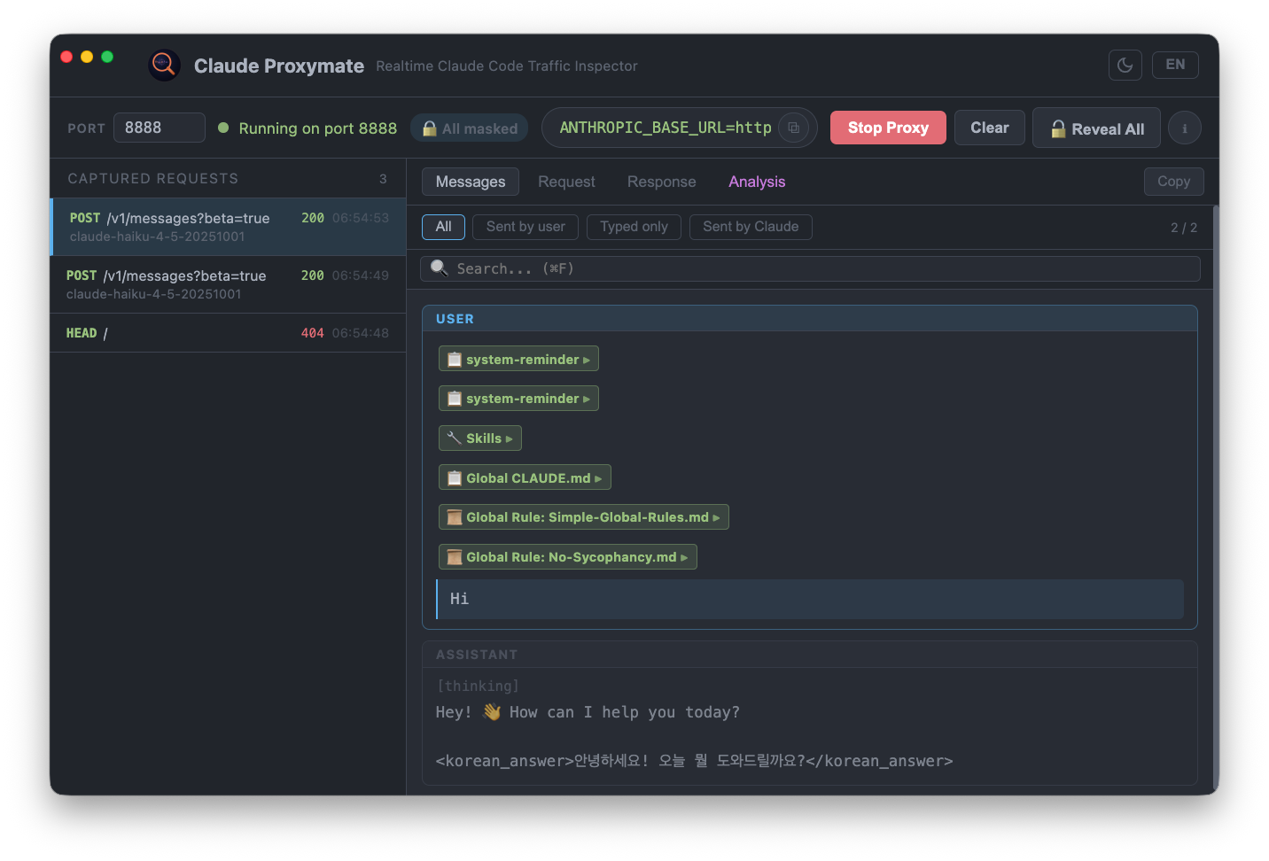 Claude Proxymate showing a captured Claude Code conversation