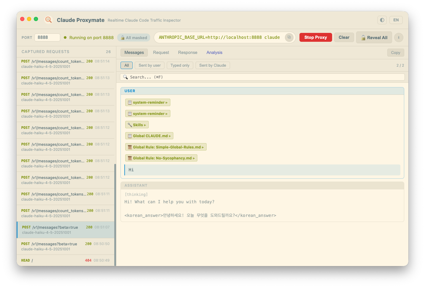 Claude Proxymate showing a captured Claude Code conversation